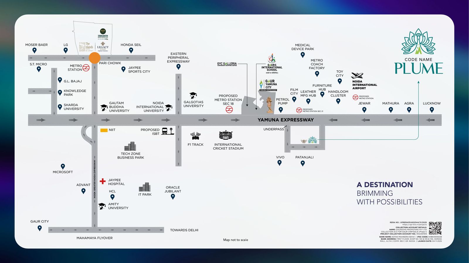 Gaur Chrysalis 2.0 (codename Plume) developer connectivity map — Yamuna Expressway, Sector 22D, showing universities, F1 Track, Film City, Toy City, Medical Device Park and Noida International Airport