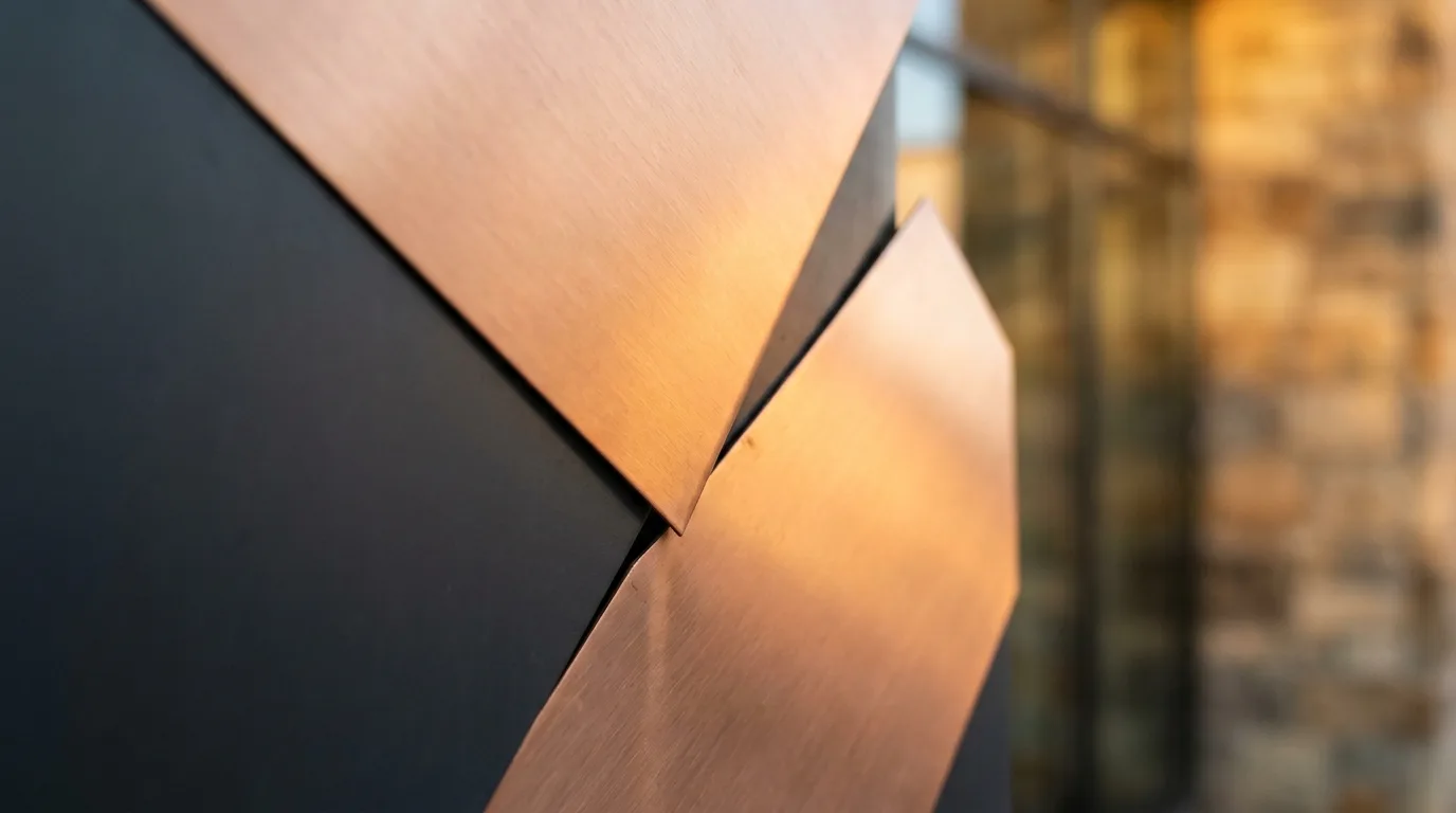 Gaur Chrysalis 2.0 — representative material study: brushed copper and charcoal architectural panels