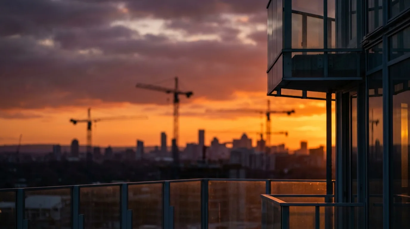 Distant construction cranes silhouetted against a molten copper dusk sky
